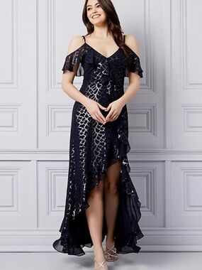 le chateau Navy Cold-Shoulder High-Low Dress with Silver Detail